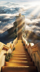 Fototapeta premium A breathtaking view of golden stairs ascending towards a temple, surrounded by fluffy clouds and gentle sunlight filtering through a serene sky.