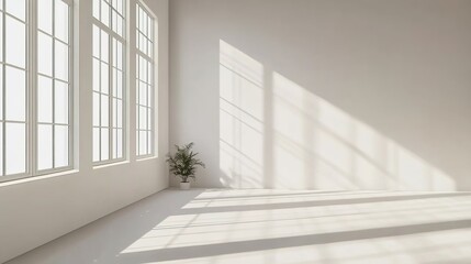 Obraz premium 3D rendering of an empty room with white walls and a window. Bright sunlight shines through the window, creating shadows on the floor.