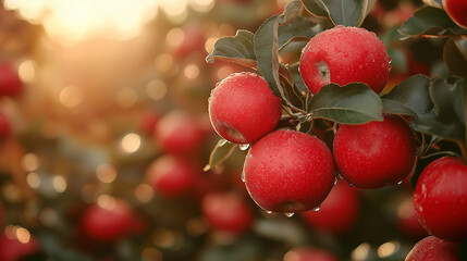 Obraz premium Ripe Red Apples on Tree Branches in Orchard Under Sunlight with Green Leaves and Blurred Background of Fruit Trees and Path