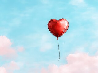 Fototapeta premium A whimsical illustration of a heart-shaped balloon floating upwards against a light pastel sky.
