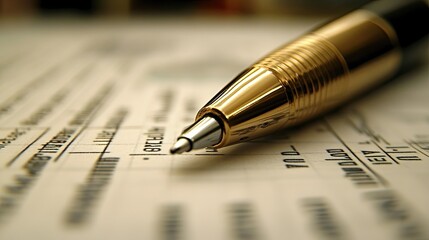 A close-up of financial documents and a pen, with a printed chart showing a steady upward trend