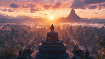 Majestic temple on a mountain peak with towering idol and smaller deities under vibrant twilight sky amidst lush greenery and breathtaking landscape