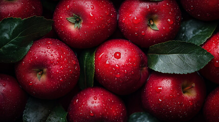 Many ripe juicy red apples covered with water drops as background