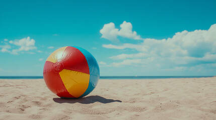 Colorful beach ball fully inflated, vibrant and ready for fun on a sunny beach