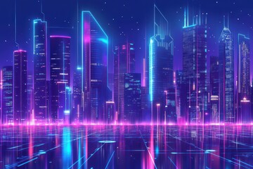 Fototapeta premium Futuristic city skyline at night with neon lights reflecting on a wet ground.