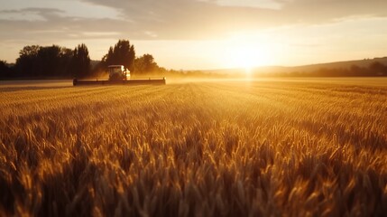 Fototapeta premium Golden wheat field at sunset with a combine harvester working the land