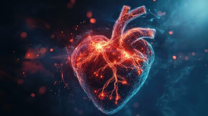 A computer-generated image of a heart in D, highlighting the electrical conduction system with glowing nodes