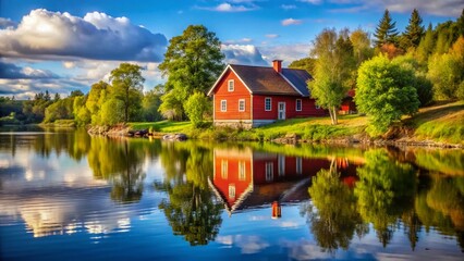 Red House River Scene, Idyllic Waterfront Home, Rural River House, Picturesque River Cottage, Calm River Landscape