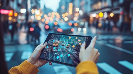 Tablet showing urban city traffic overlay in city.