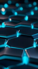 A high-tech hexagonal pattern glowing in cyan and blue, set against a dark gradient. 