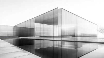 Obraz premium Modern glass and concrete building reflecting in water pool