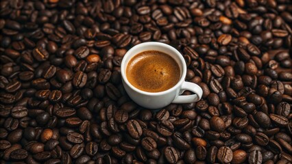 Fototapeta premium Espresso cup on a bed of coffee beans, a top-down shot of a single espresso cup sitting in the center of a dense pile of shiny coffee beans