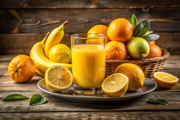 Refreshing Glass of Orange Juice with Yellow Fruits on a Rustic Wooden Table, Perfect for Summer Mornings and Healthy Living Inspiration