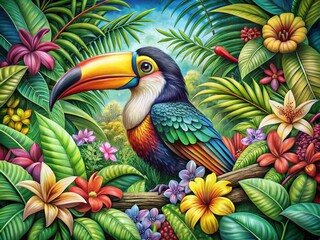 Obraz premium Relaxing Adult Coloring Page Featuring a Vibrant Toucan Surrounded by Lush Tropical Leaves and Exotic Flowers for Stress Relief and Mindfulness Activities