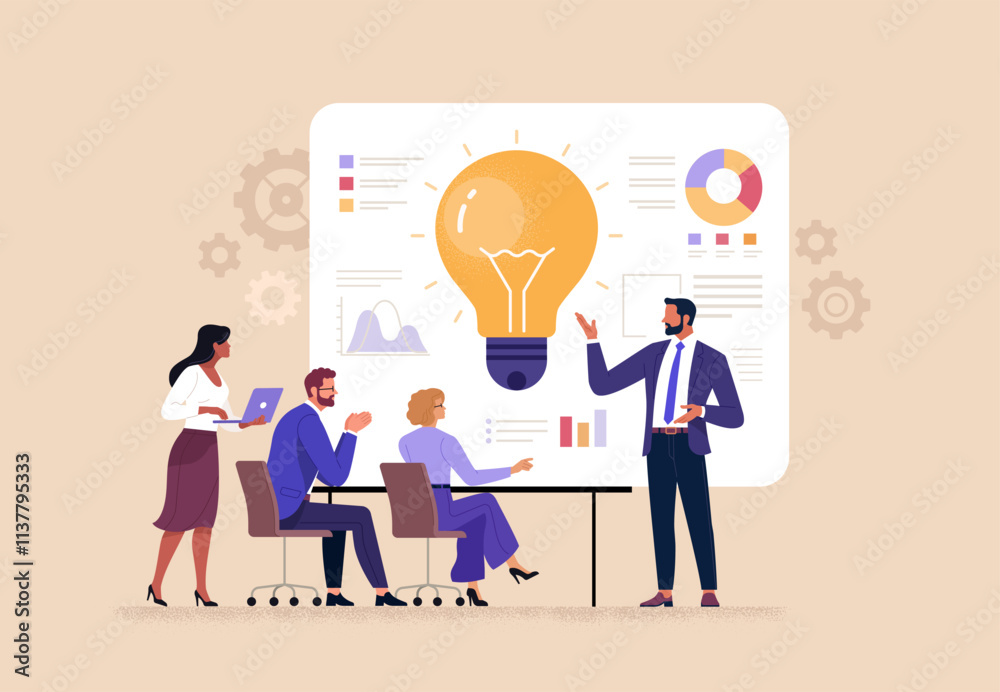 Poster Business Idea Presentation Concept. Vector cartoon illustration of an office worker presenting his idea with a board with a light bulb and graphs in front of his colleagues. Isolated on background