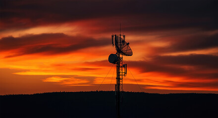 Obraz premium Silhouette Telecommunication tower with Satellite dish, under sunset sky