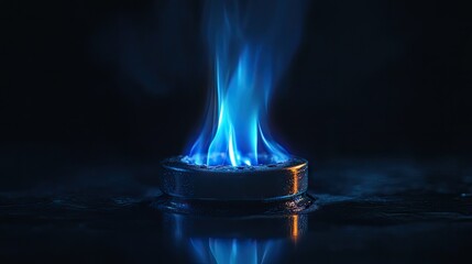 A gas burner emitting a steady blue flame, contrasting against a pitch-black background