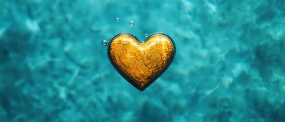 Fototapeta premium Golden Heart Floating in Clear Blue Water with Bubbles Around It