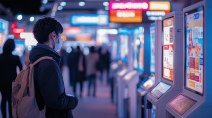 Masked man looks at glowing screens in a crowded indoor place.