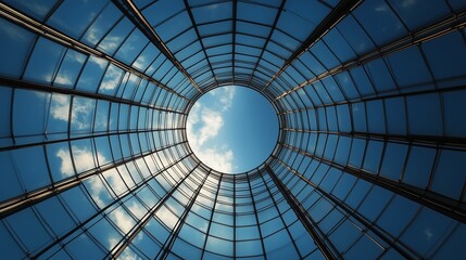 Stunning view looking up through a glass structure revealing a blue sky with clouds