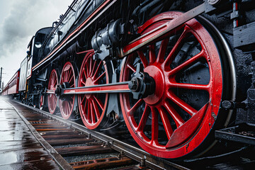 Fototapeta premium Closeup of an old steam locomotive wheel, showcasing the intricate engineering and historical significance of vintage transportation.