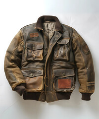 Fototapeta premium A photo of a brown leather winter jacket with multiple pockets. The jacket is placed on a white background. The jacket has a worn appearance with frayed edges, scratches, and a distressed texture.