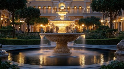 A grand marble fountain reflecting the soft glow of streetlights and nearby buildings in the night