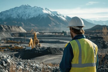 Miner in hard hat and yellow vest observes quarry operations amidst stunning mountainous backdrop