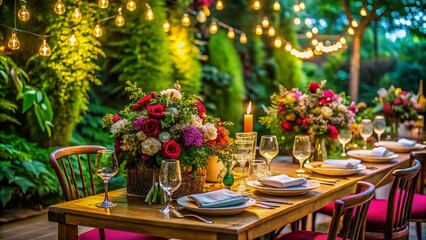 Obraz premium Romantic Outdoor Wedding Reception: Lush Greenery Table Setting