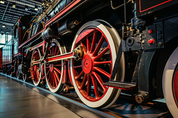 Obraz premium Closeup of an old steam locomotive wheel, showcasing the intricate engineering and historical significance of vintage transportation.