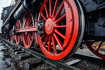 Closeup of an old steam locomotive wheel, showcasing the intricate engineering and historical significance of vintage transportation.