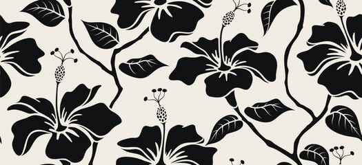 Abstract hibiscus flowers and leaves Seamless pattern. aloha Hawaiian shirt background. © andin