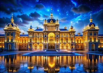 Fototapeta premium Royal Blue & Gold Night Photography: Majestic Palace at Night, Dark Night Scene, Luxury, Elegant, Golden Hour, Night Cityscape