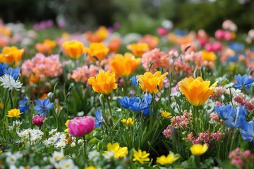 Fototapeta premium Colorful spring flowers bloom in a vibrant garden filled with diverse blossoms