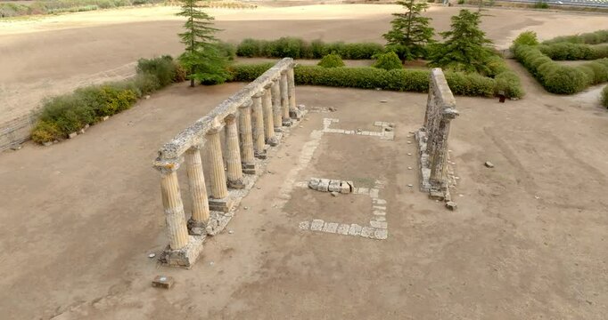 Aerial view of the Tavole Palatine ("Palatine Tables") located in Metaponto, Basilicata, Italy. Closeup of the remains of a hexastyle peripteral Greek temple of Magna Graecia.