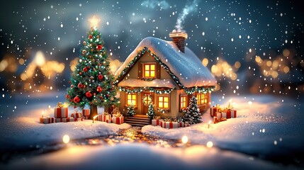 Fototapeta premium Magical Christmas Eve Cozy Snow-Covered Cottage with Illuminated Christmas Tree