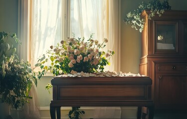 Wooden casket surrounded by flowers and envelopes in a funeral home. AI generated illustration