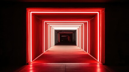 A high-tech neon light tunnel in bold red and white tones, appearing as a portal against a black void