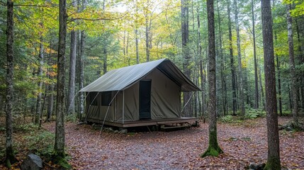 Rustic Canvas Tent in Autumn Forest.