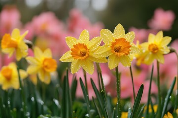 Obraz premium Bright yellow daffodils glistening with raindrops in a vibrant spring garden setting