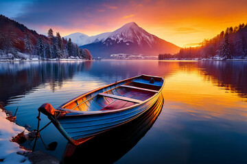 Canoe boat on the lake with mountain in the background at sunset in winter