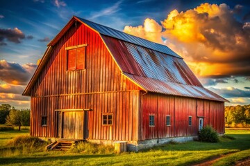 Obraz premium Rustic Red Barn Metal Roof - Farm Photography, Rural Landscape, Agricultural Building, Countryside Scenery