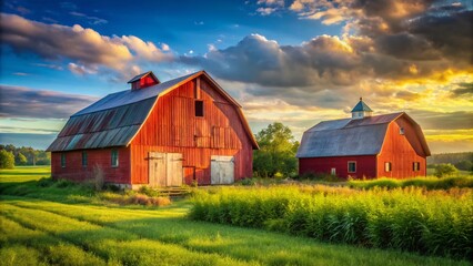 Obraz premium Rustic Red Barn Photography: High-Resolution Images of Old Barns, Deep Depth of Field, Rural Scenery