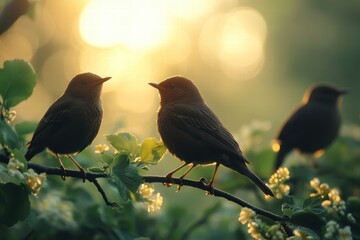 Fototapeta premium Spring birds perched on branches amidst blooming flowers and warm golden sunlight
