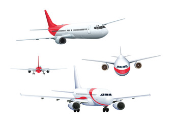 Four Airplanes, 3D Set of White Realistic Airplane Isolated, Render Collection Airplane Icon, Travel Concept, Traveling Booking Agency, Airline, Holiday Vacation, Vector Illustration.