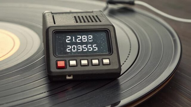 Message on Display A vintage pager positioned on an old vinyl record with a blocky message that simply states DONT FORGET glowing in simple white pixels. The contrast between the
