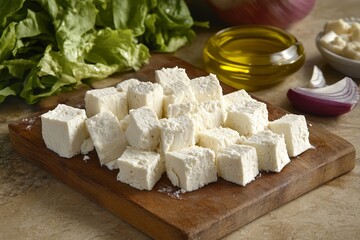 Feta cheese with salad and olive oil on a wooden board. AI generated illustration