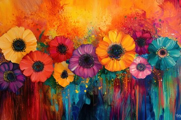 Vibrant flowers bloom in a dazzling display of color against a bright background