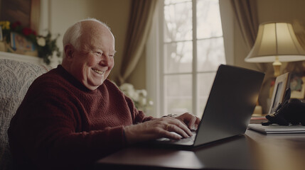 Older man using his laptop computer in his home living room with happy smile. Elderly people and technology.