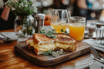 Grilled cheese sandwich with orange juice on a wooden board, close-up. AI generated illustration